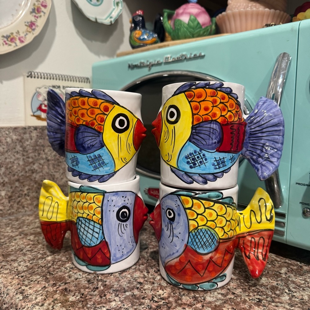 Set of 4 Made in Italy Colorful Fish-Shaped Ceramic Mugs